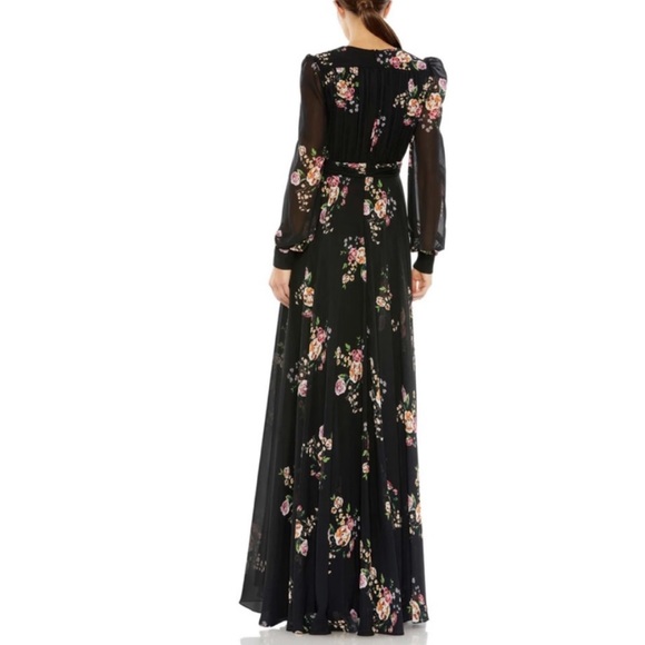 MAC DUGGAL Belted Floral Print Long Sleeve Gown Black SIZE 6. 0727 - Picture 2 of 7